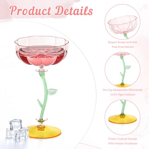 24 Pcs Pink Floral Coupe Glasses, 7oz Detachable Plastic Cocktail Glasses