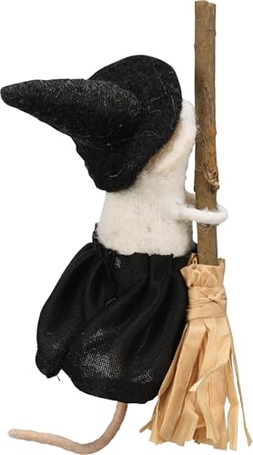 Halloween Felt Witch Mouse Figurine with Broomstick - 5.5 Inch Decor