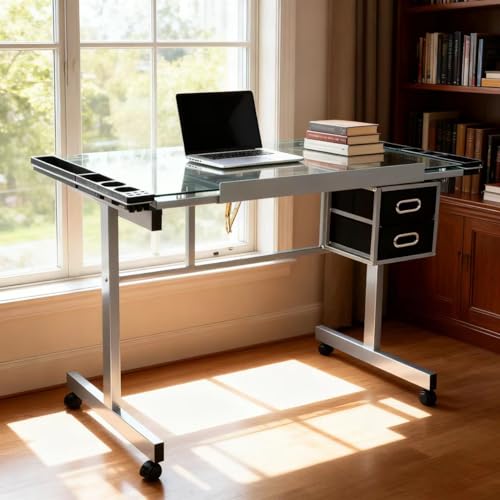 Adjustable Glass Drafting Table with Storage Drawers and Rolling Wheels