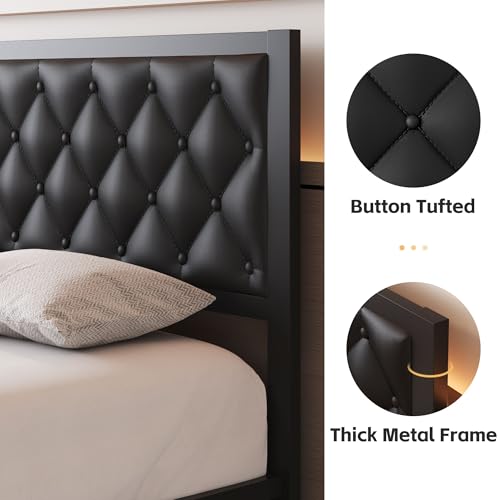 Queen Size Upholstered Platform Bed Frame with Headboard and Storage