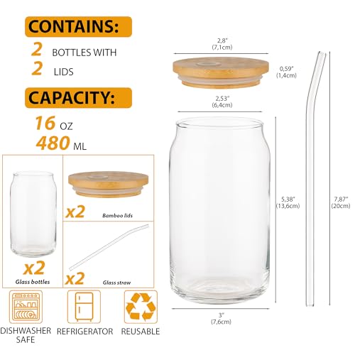 16 oz Glass Cups with Bamboo Lids and Straws - Set of 2 Reusable Tumblers