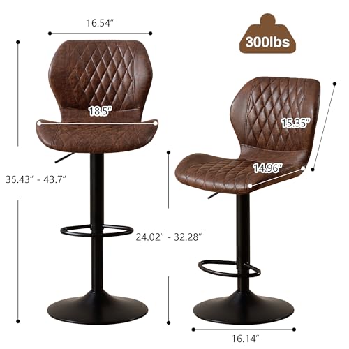 Set of 4 Swivel Bar Stools, Adjustable Counter Height Kitchen Chairs, Brown