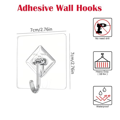 Large Adhesive Hooks 10-Pack - Transparent Wall Hangers for Christmas/Wreaths/Halloween, 33 lb Load, Traceless Hook for Keys & Towel