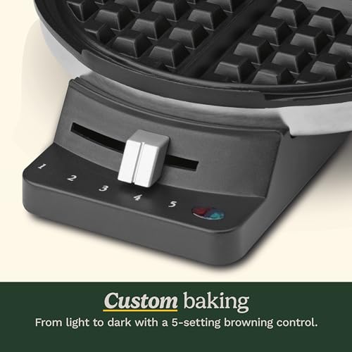Round Classic Waffle Maker with 5 Browning Settings, 1250W Stainless Steel
