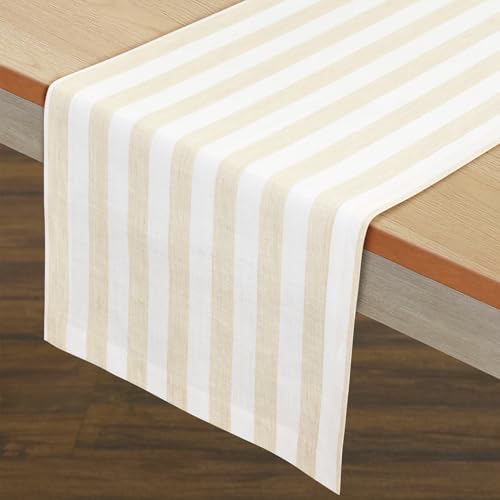Solino Home Natural & White 14x108 in Striped Linen Table Runner - Sorrento Stripe