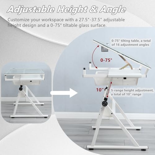Adjustable Drafting Table with Stool, Tilting Glass Top Art Desk for Drawing