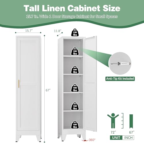 67-Inch Tall Narrow Storage Cabinet, Slim Metal Linen Cabinet with 5 Shelves