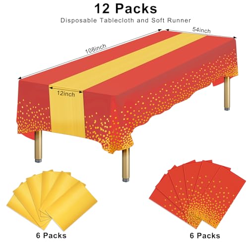 Ammbeetty 12 Pack Red and Gold Disposable Tablecloths & Satin Table Runners Set