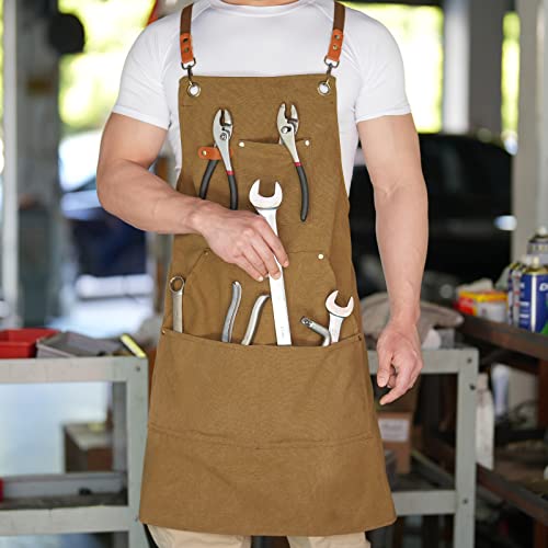 Heavy Duty 100% Cotton Canvas BBQ Apron with Pockets - Adjustable Cross Back