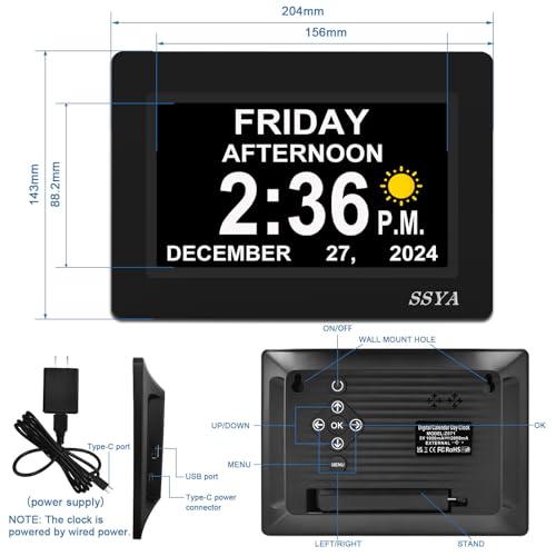7-Inch Digital Day Calendar Clock - Auto-Dimmable Display with 12 Alarms