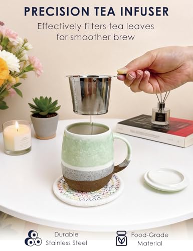 Green Ceramic Tea Infuser Mug 13.5oz with Lid & Stainless Steel Infuser