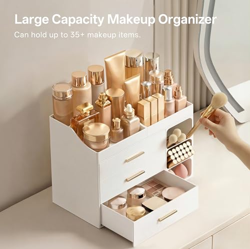 HBlife All White Makeup Organizer with Drawers & Brush Slots – Large Vanity Storage