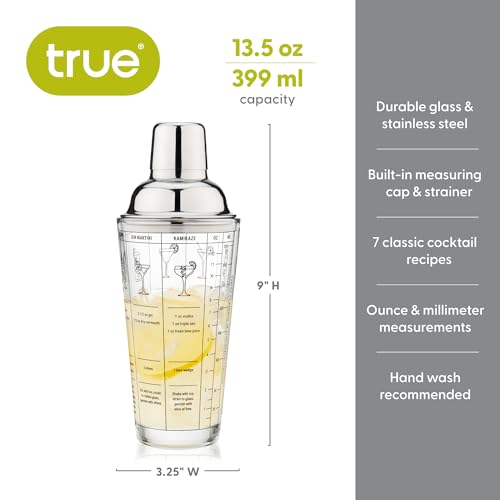TRUE Clear Glass Cocktail Shaker Set with Recipes & Measurements - 13.5 oz, Includes Jigger & Strainer, Set of 1