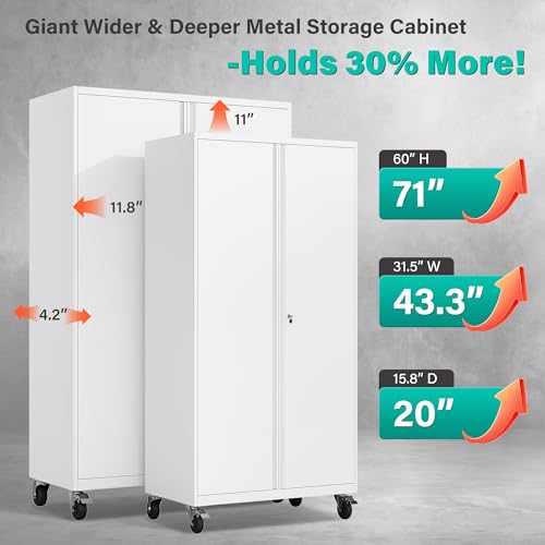 Tall Rolling Metal Storage Cabinet with Lock & Pegboard, 71" Garage Locker