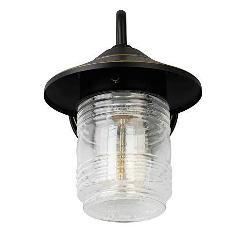Design House 588558-ORB Classic Jerome Jelly Jar 1-Light Indoor/Outdoor Dimmable Wall Light with Clear Ribbed Glass and Shepard's Hook for Entryway Porch Patio Bedroom Bathroom, Oil Rubbed Bronze