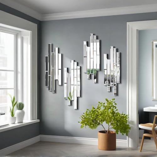 Set of 4 Beveled Wall Mirrors - 24x8 Inch Decorative Silver Glass Panels