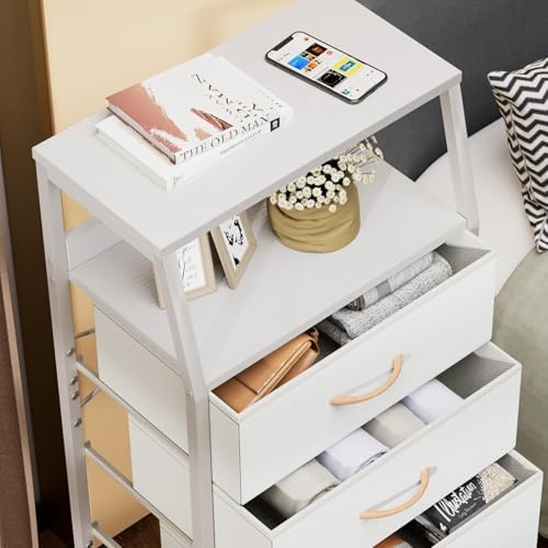 Tall Nightstand with 4 Fabric Drawers & Wood Top - Bedside Dresser