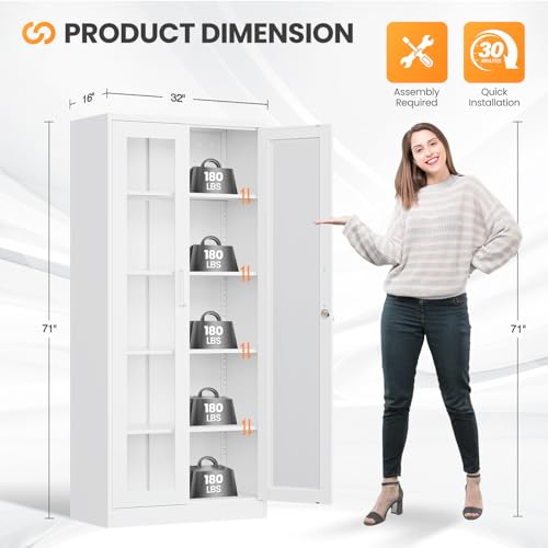 71-Inch Locking Glass Display Cabinet with 4 Adjustable Shelves, White