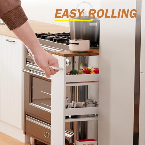 4-Tier Slim Rolling Storage Cart, 5.5" Narrow Wood Organizer on Wheels