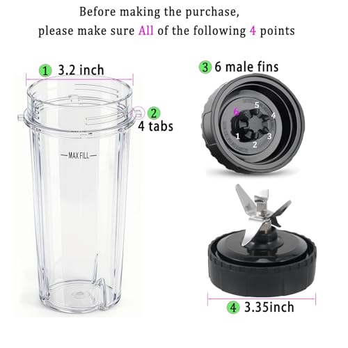6-Fin Blender Replacement Blade and 16oz Cups Set for Select Models