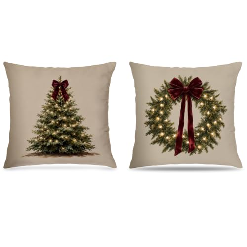 AWDSCHKJ Red Vintage Christmas Wreath Pillow Covers 18x18 Set of 2