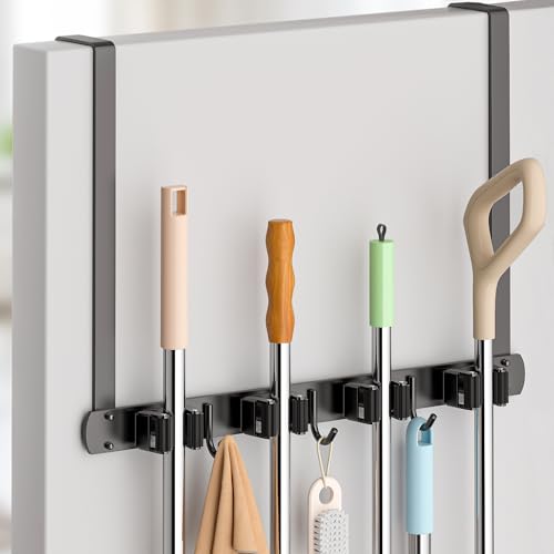 Over The Door Broom Holder and Mop Rack - 304 Stainless Steel Black