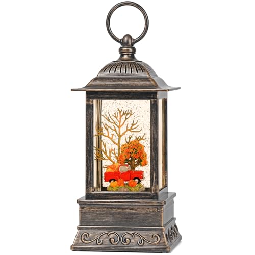 Lighted Fall Snow Globe Lantern with Red Truck, USB/Battery Powered Decor