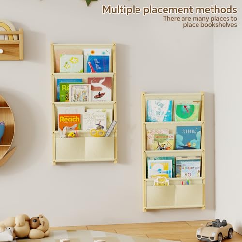 4-Tier Wall Mounted Kids Bookshelf, Natural Pine Wood Floating Book Organizer