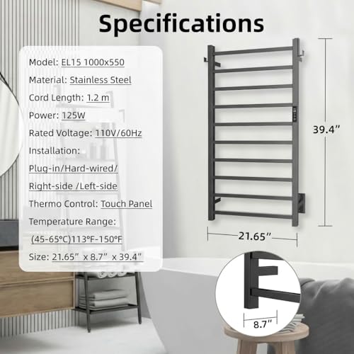 10-Bar Electric Towel Warmer, Matte Black Stainless Steel Heated Rack