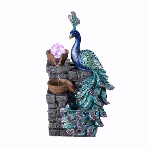 Peacock Tabletop Water Fountain with LED Color Changing Globe 14-inch
