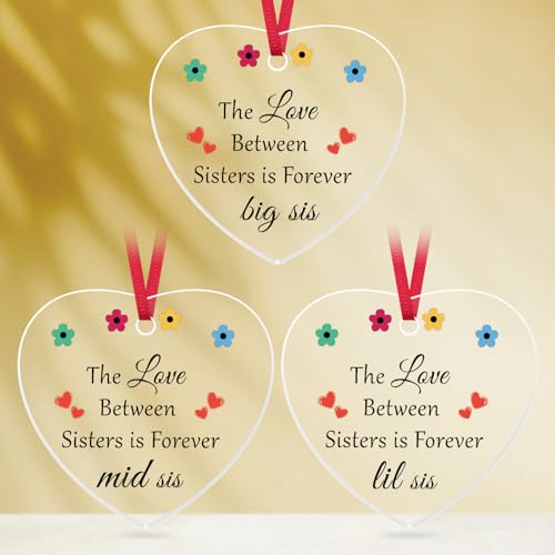 Gevody 3-Piece Sister Gifts Set Christmas Ornaments Heart Acrylic Decor