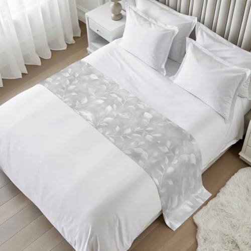 Silver Gray Leaf Bed Runner, 102x20 Inch Cal King Decorative Bed Scarf
