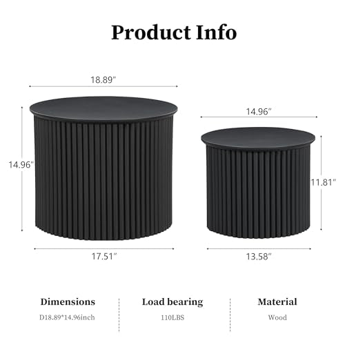 Fluted Round Nesting Coffee Table Set of 2, Modern Wood Accent Tables