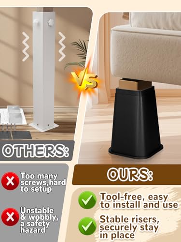 Apipi 8-Inch Heavy Duty Bed Risers with Anti-Slip Pads - Black, 4 Pack