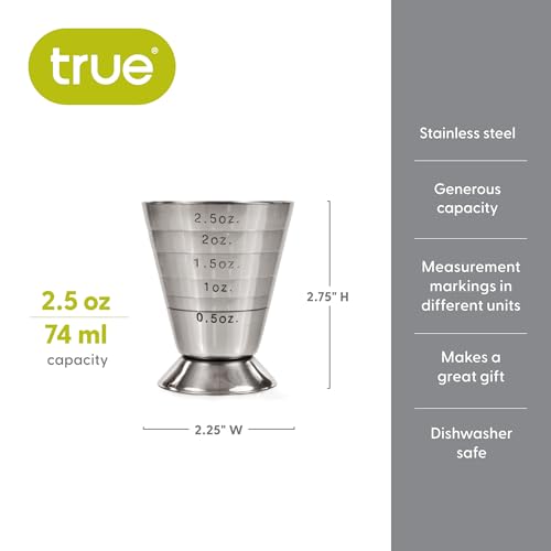 TRUE Trio Multi-Unit Drink Measure - Stainless Steel Jigger with Oz, Ml, & Tbsp Markings, 2.5oz Barware