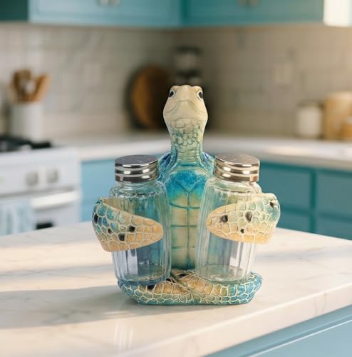 Blue Sea Turtle Salt and Pepper Shaker Holder Set - Coastal Kitchen Decor
