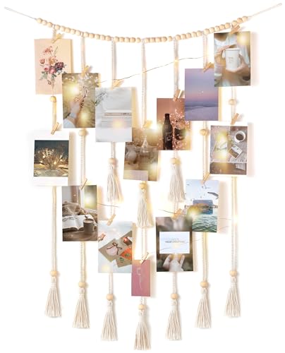 Macrame Hanging Photo Display with LED String Lights and 30 Wood Clips