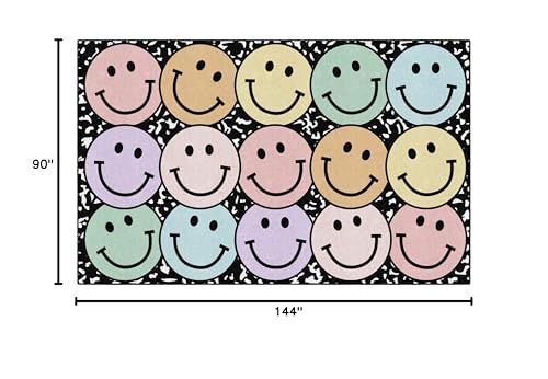 Pastel Rainbow Smiley Face Classroom Area Rug, 7'6" x 12' Kids Play Carpet