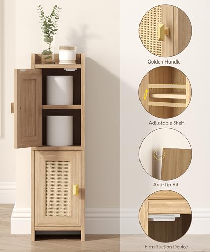 Narrow Rattan Bathroom Storage Cabinet - Slim Toilet Paper Organizer