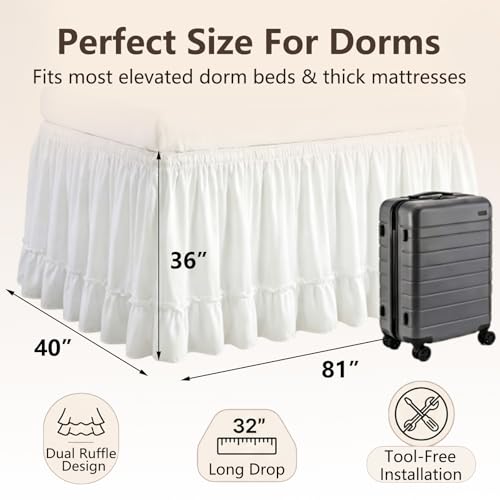 Twin XL Dorm Bed Skirt - 36 Inch Extra Long Drop White Ruffled Dust Ruffle