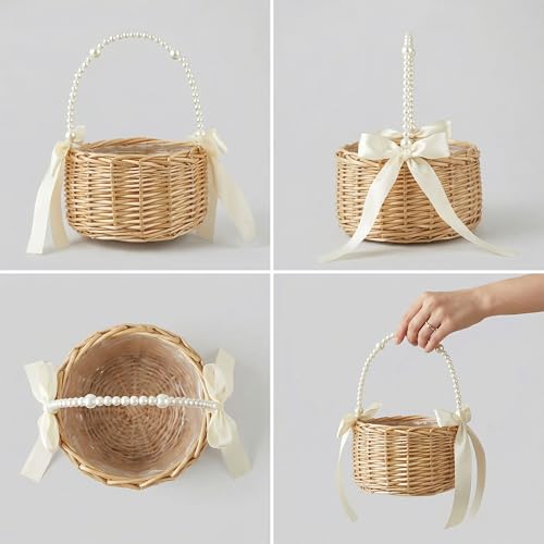 Hand-Woven Rattan Flower Girl Basket with Pearl Handle and Satin Bows