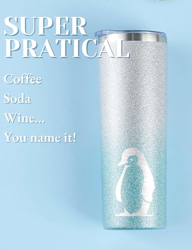 20oz Silver Blue Penguin Tumbler with Lid & Straw - Insulated Stainless Steel Gift
