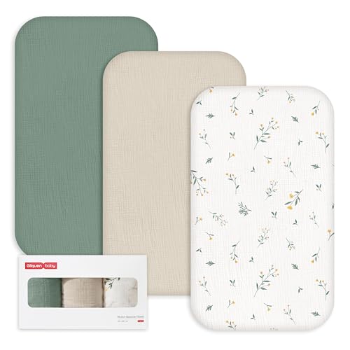 Muslin Cotton Bassinet Sheets 3-Pack, 33"x20" OEKO-TEX Fitted Bedside Sleeper