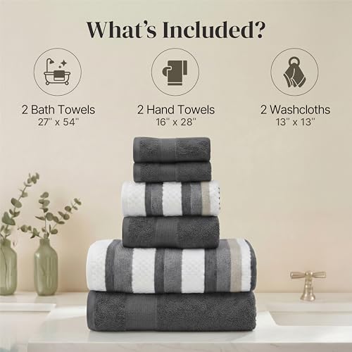 6-Piece Reversible Cotton Jacquard Towel Set - Absorbent Bath & Hand Towels
