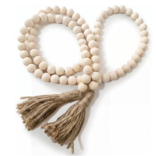 Rustic Wood Bead Garland with Tassels - 1.5m Boho Farmhouse Decor