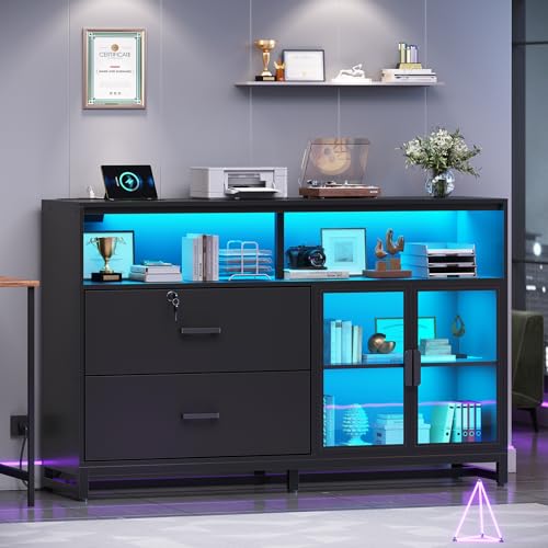 59-Inch Lateral Filing Cabinet with Lockable Drawers, Printer Stand & LED
