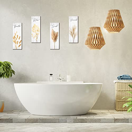 4-Piece Boho Wooden Bathroom Wall Art Set, Rustic Relax Soak Unwind Decor
