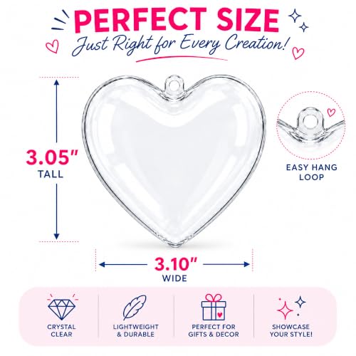 Set of 3 Clear Plastic Heart Christmas Ornaments 3.05 Inches - Shatterproof Holiday Decor