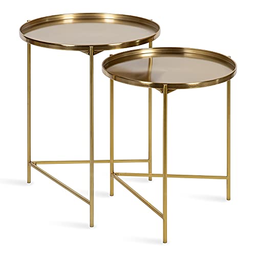 Modern Nesting Side Table Set of 2, Gold Metal Tray End Tables