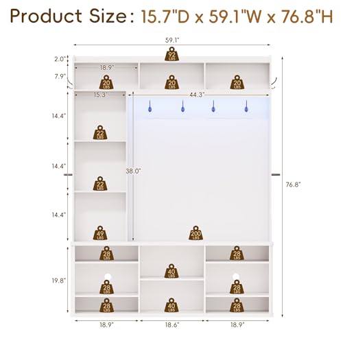 77" Tall Hall Tree with Bench, Shoe Storage, Coat Rack & RGB LED Lighting